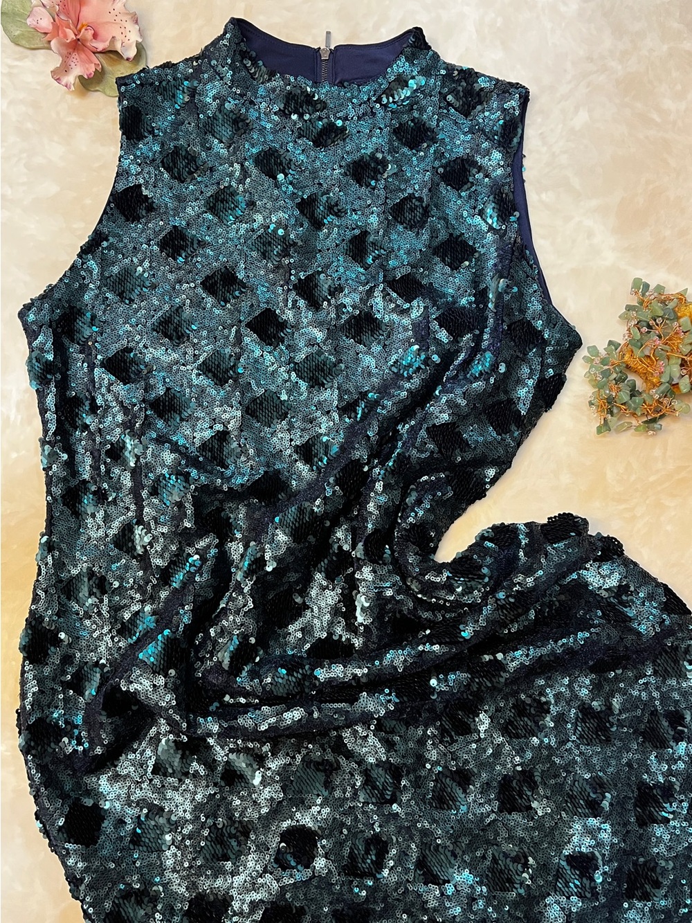 Like New - Suzy Shier Teal and Black Sequin Mini Dress - Size L